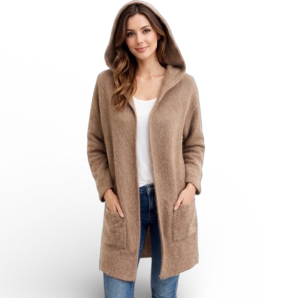 NWT Unsubscribed 100% Racoon Hair Super Soft Cozy Tan Hooded Cardigan Sz M